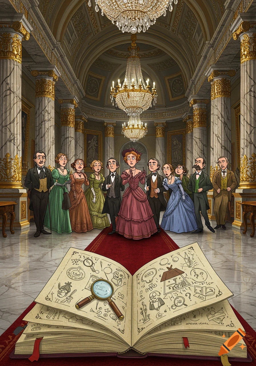 A cartoon illustration of a group of people in 19th-century attire gathered in a grand, chandelier-lit marble hall, looking down at an open book with diagrams and a magnifying glass.
