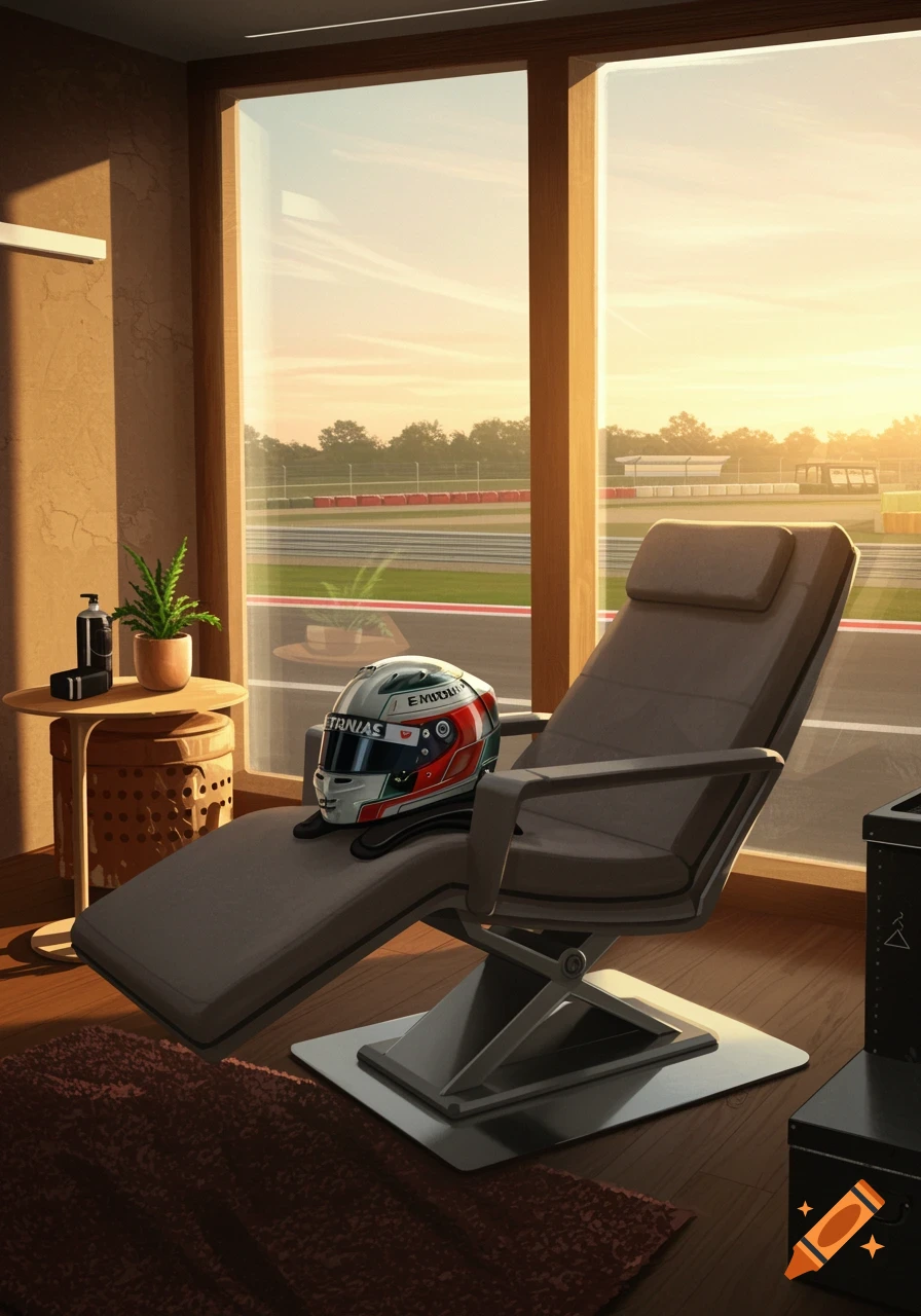 Photorealistic image of a racing helmet on a lounge chair overlooking a sunlit race track through large windows.