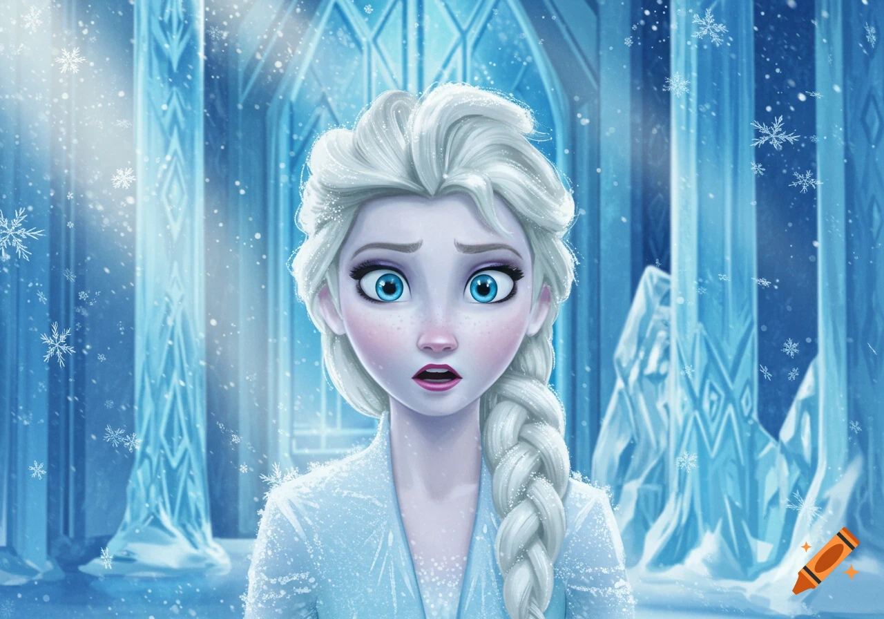 A surprised Elsa from Frozen stands in a snowy ice palace, snowflakes falling around her.