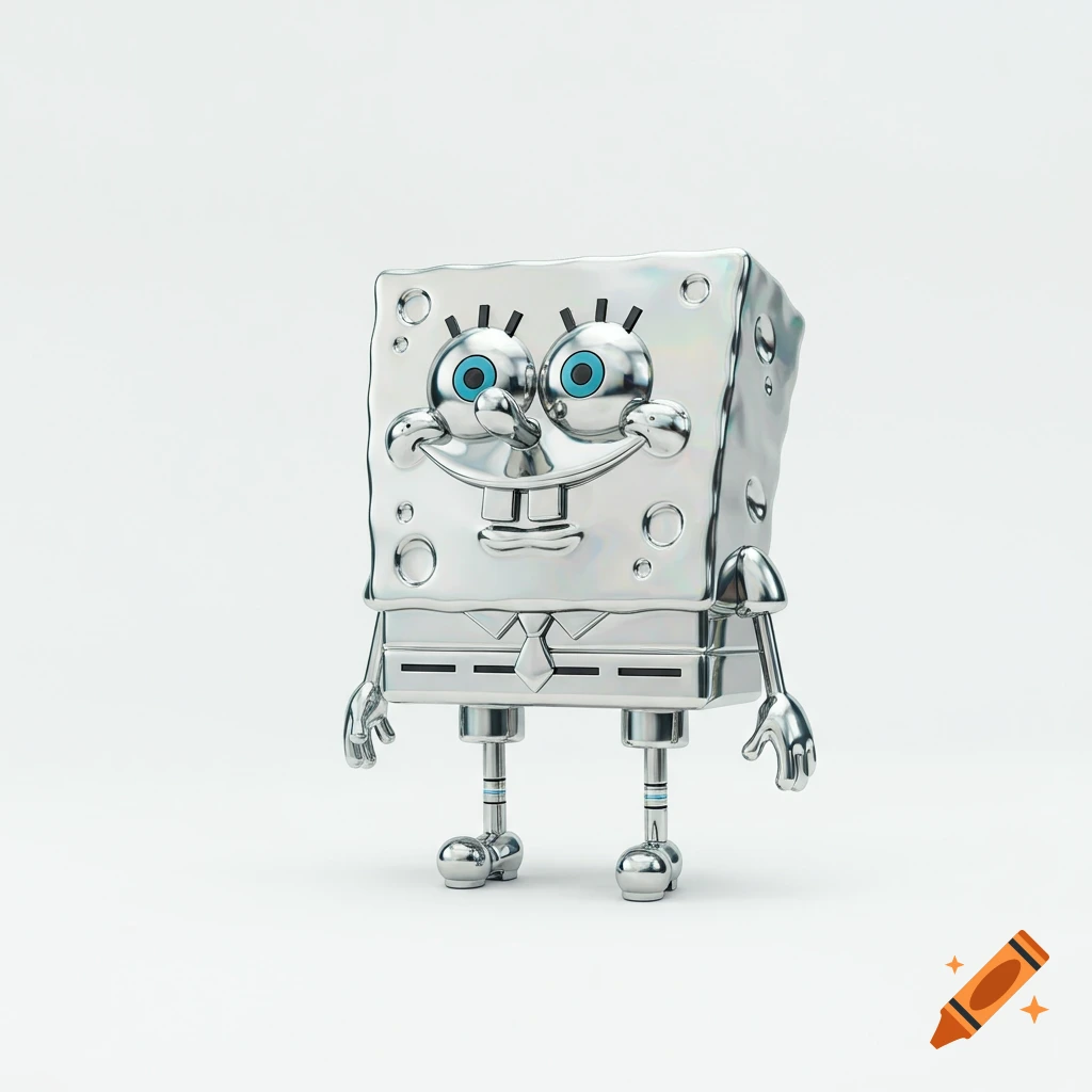 A shiny, chrome-plated Spongebob Squarepants stands on a plain white background.