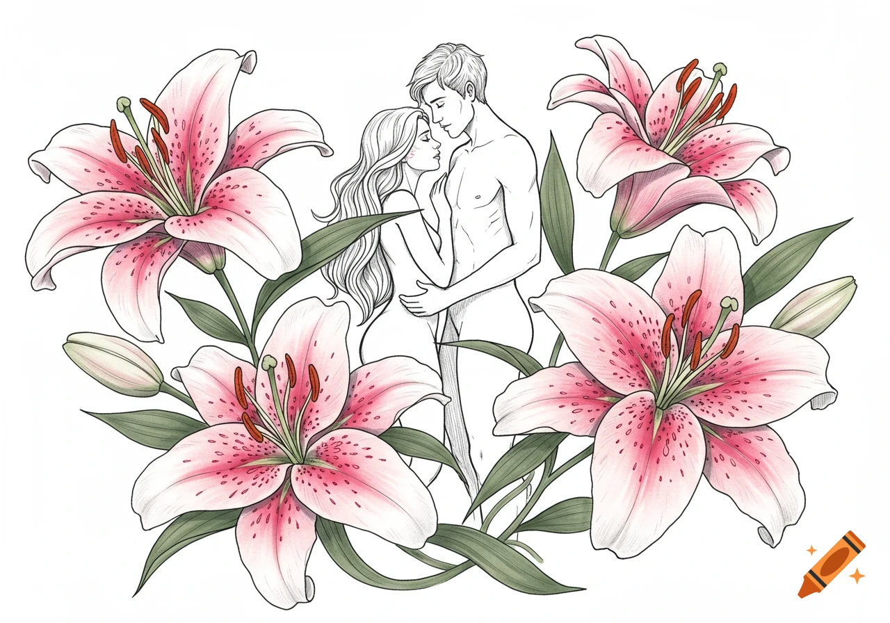 Line art illustration of a man and woman embracing, surrounded by pink stargazer lilies.