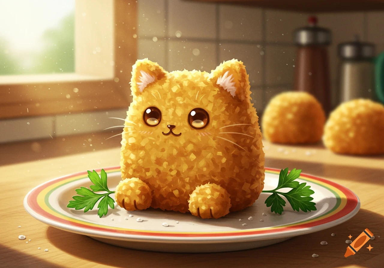 A cute, fluffy, golden-brown tater tot shaped like a cat, with large shiny eyes and whiskers, sits on a plate garnished with parsley in a sunlit kitchen.