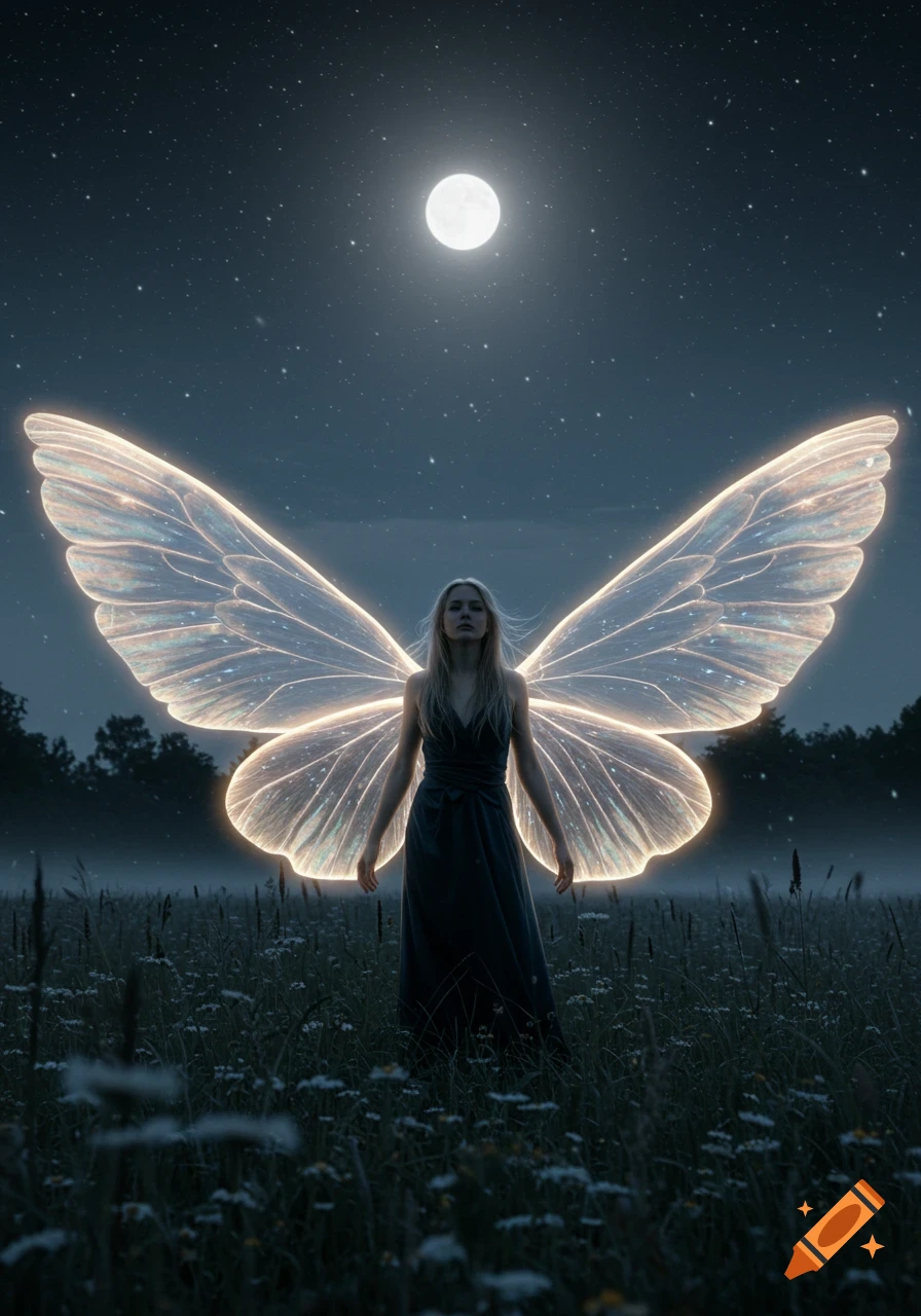 A woman with large glowing fairy wings stands in a misty field under a starry night sky with a full moon.