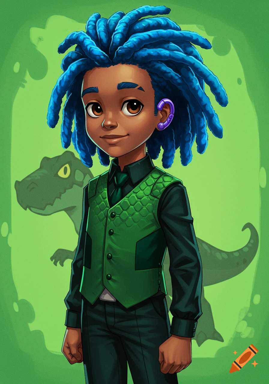 Anime-style digital painting of a smiling dark-skinned boy with blue dreadlocks, green vest, and a green dinosaur shadow.