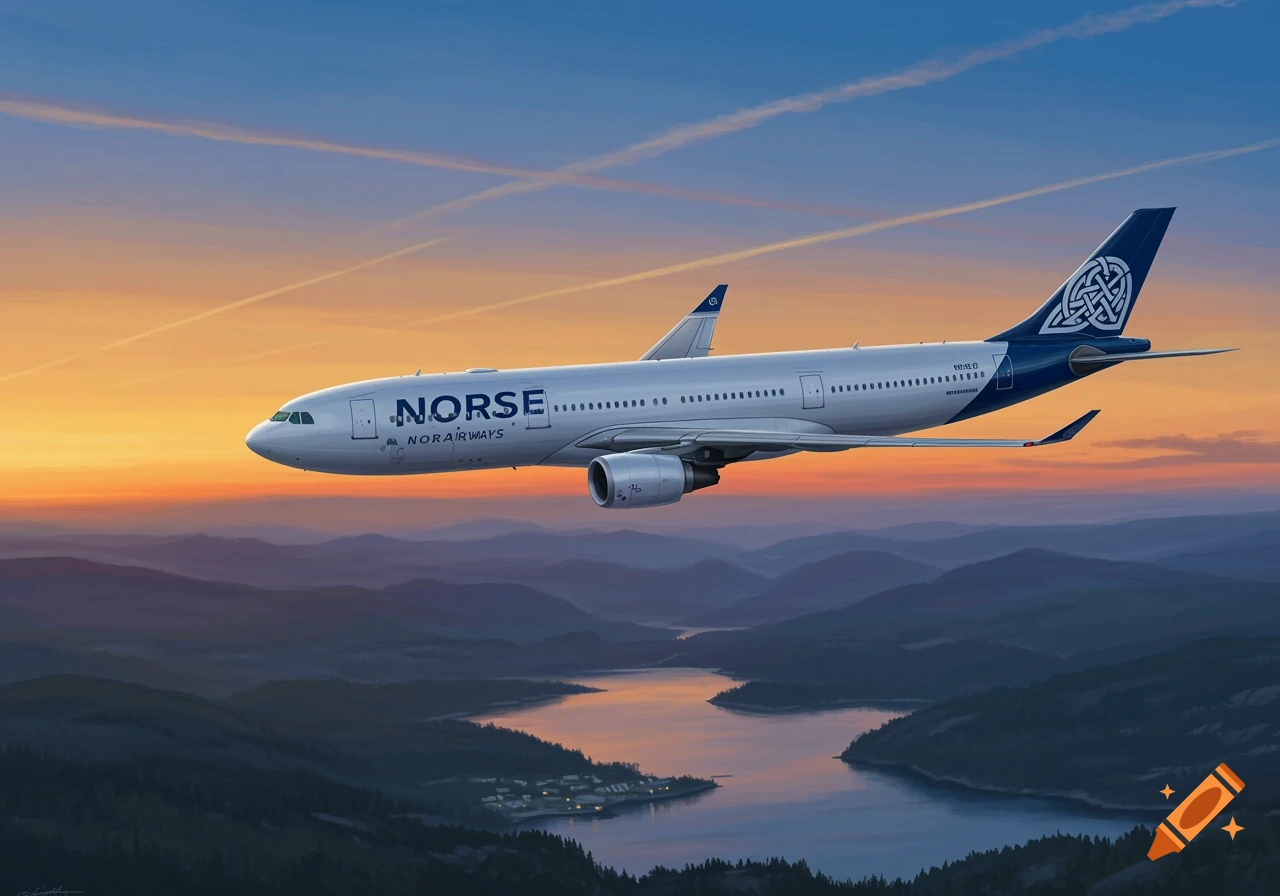 A photorealistic image of a white and blue Norse Airways Airbus A330 flying over a mountainous fjord landscape at sunset.
