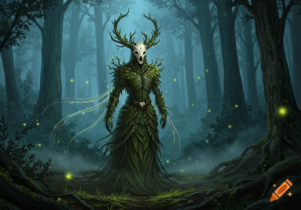 A leafy forest spirit with a skull head and antlers stands in a misty, dark forest illuminated by glowing lights.