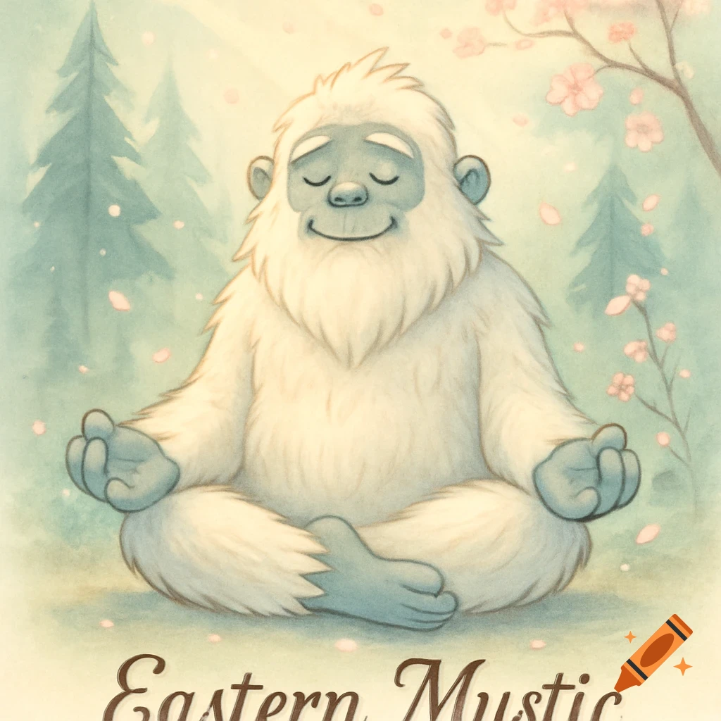 A peaceful cartoon white Yeti sits cross-legged in a meditative pose with its eyes closed and a smile. Pink blossoms fall around it in a serene, light green forest with fir trees. The words "Eastern Mystic" are written at the bottom.