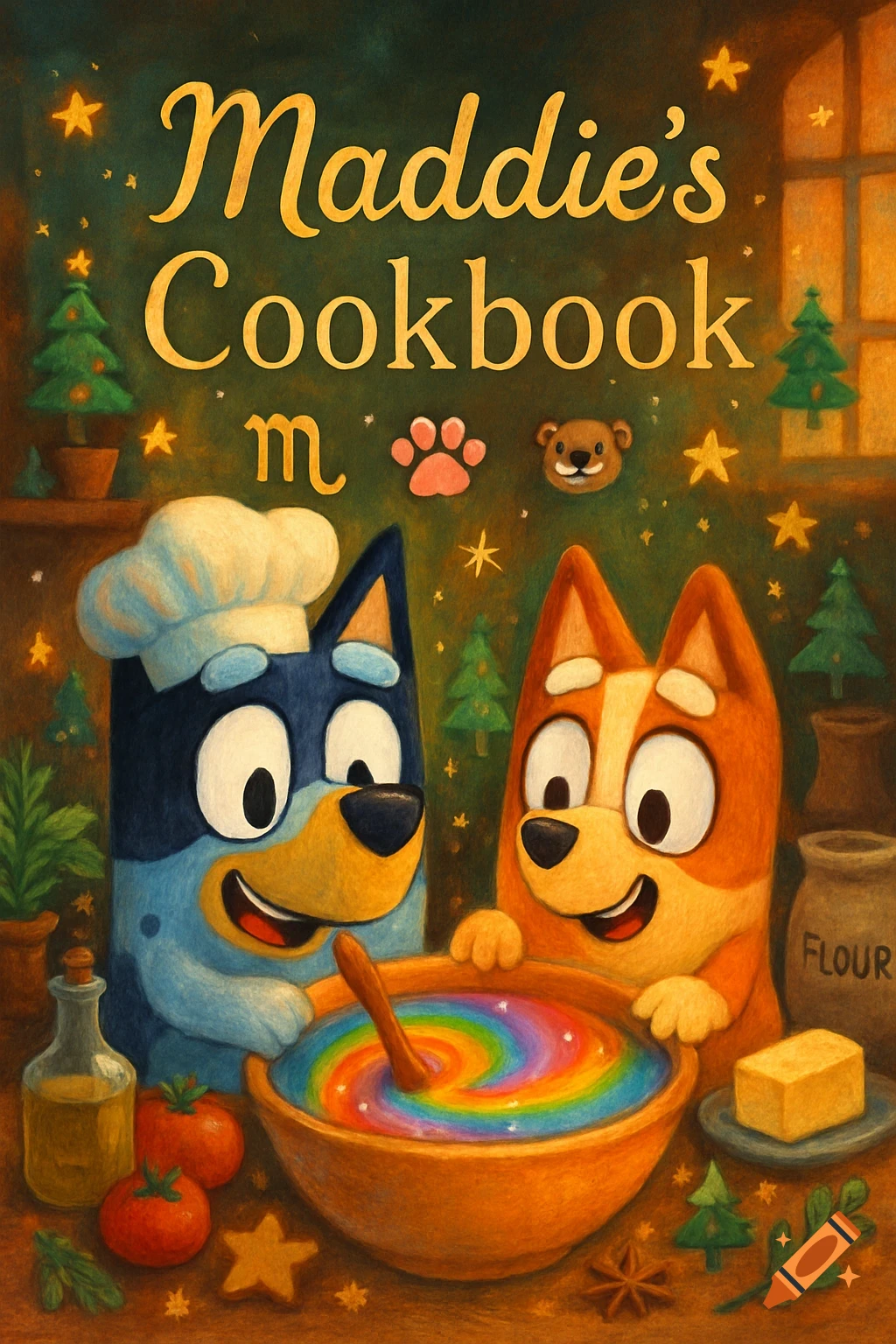 A colorful illustrated cookbook cover featuring Bluey and Bingo cooking. They stand over a bowl of rainbow-swirled batter, surrounded by ingredients and Christmas decorations. Text reads "Maddie's Cookbook" with symbols below.