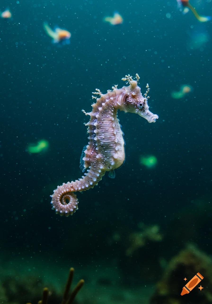 A detailed, ghost-like seahorse with a curled tail swims in deep blue ocean depths, surrounded by soft, blurry bioluminescent lights. Photorealistic.