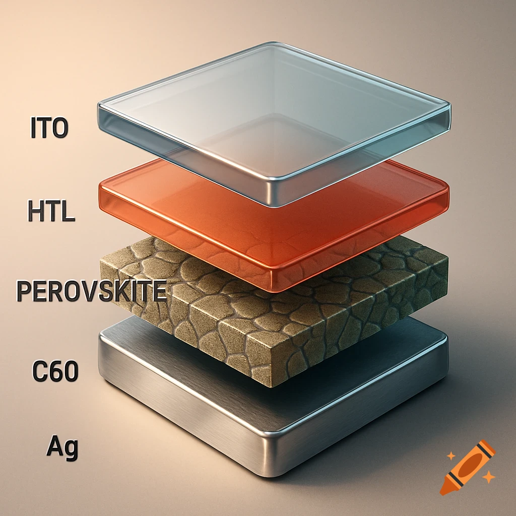 A labeled diagram of a perovskite solar cell structure with layers: ITO, HTL, perovskite, C60, and Ag.