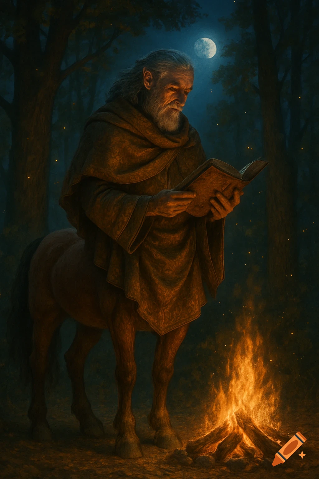A wise-looking centaur with a grey beard reads a book by the light of a campfire in a dark forest at night under a full moon.