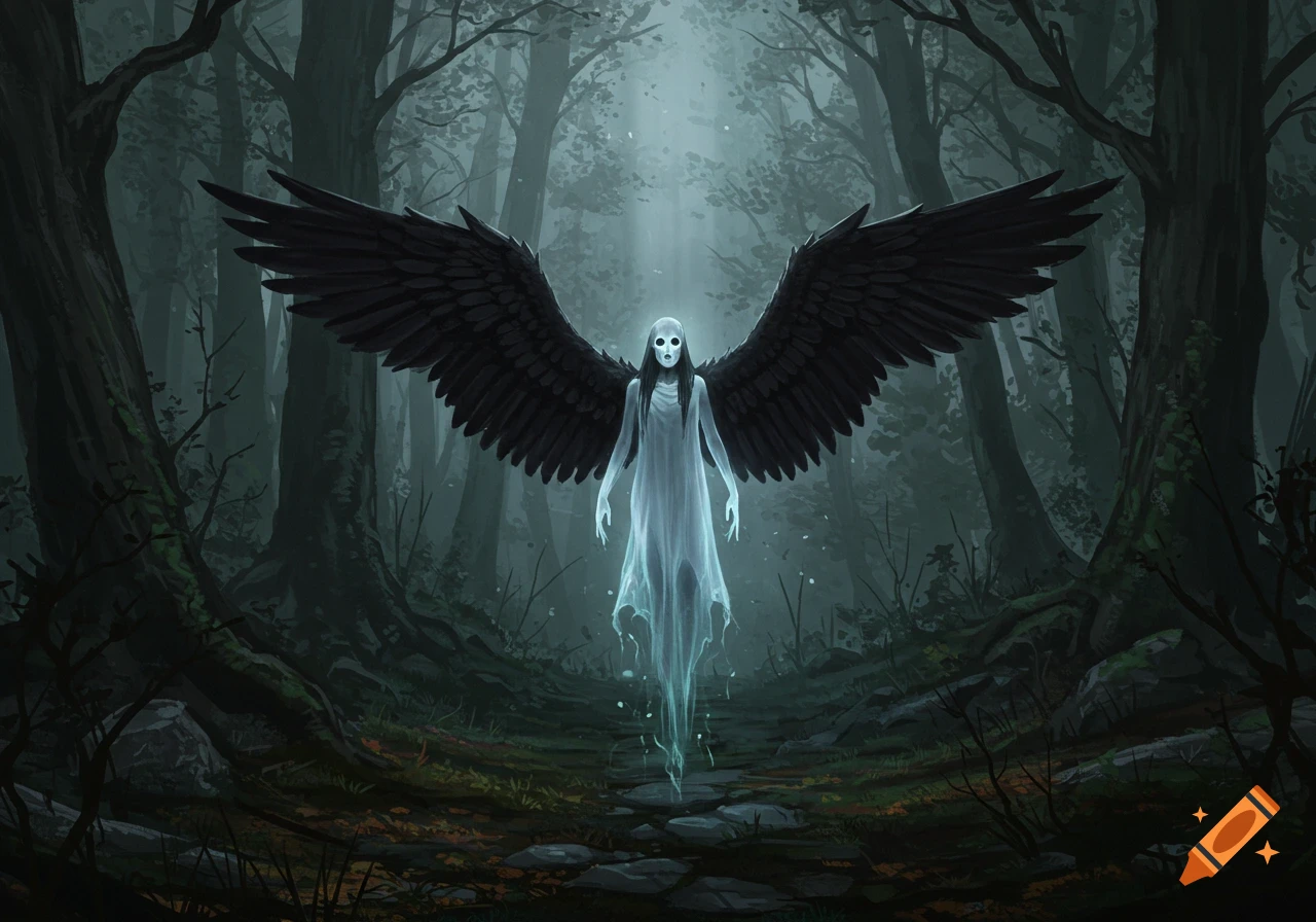 A ghostly figure with large black wings floats in a dark, misty forest. The figure wears a white flowing gown and has empty eye sockets.