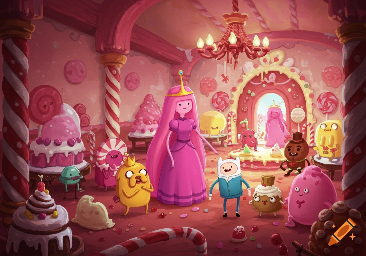 Finn, Jake, Princess Bubblegum, and candy creatures in a vibrant, pink Candy Kingdom, filled with sweets, in an animated style.
