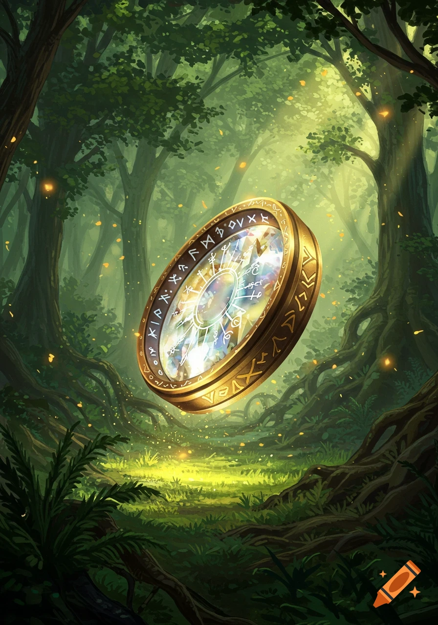 A glowing golden magical ring with intricate symbols floats in a lush, sun-dappled enchanted forest.