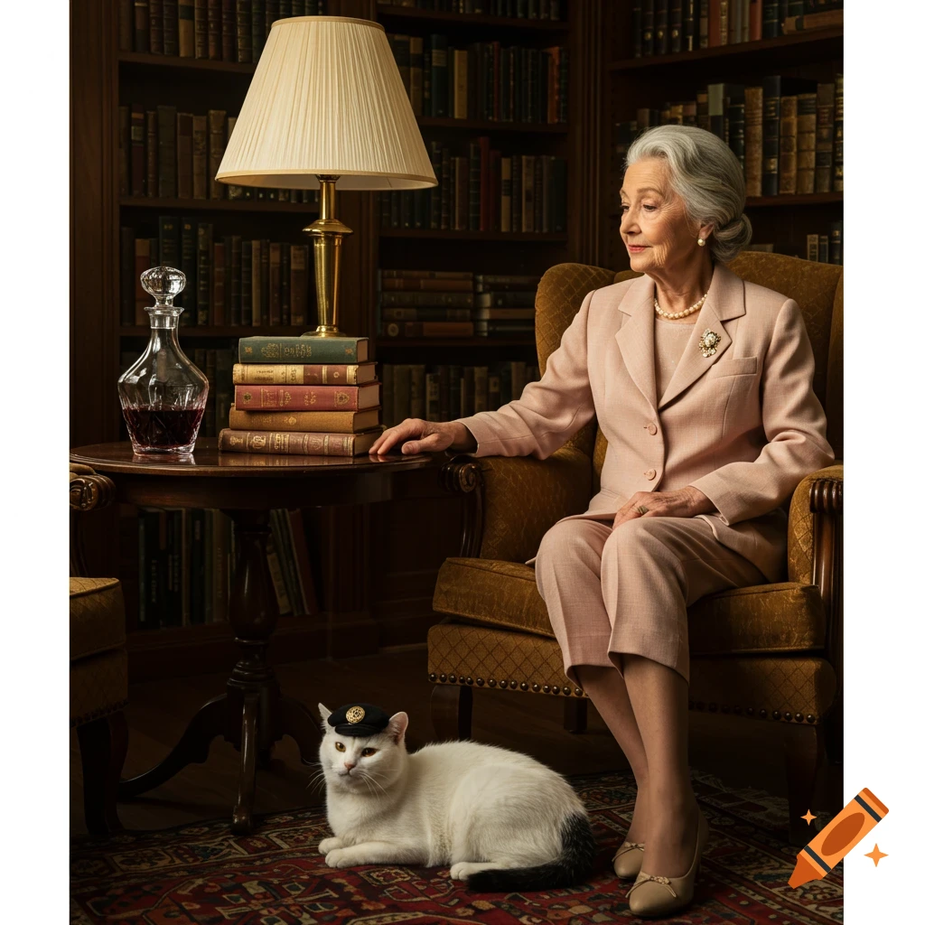 Elegant elderly woman in pink suit seated by table with books, decanter. White cat with black cap on rug in a library setting.