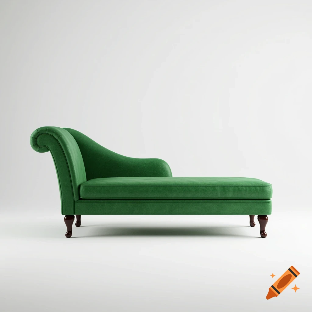 A green chaise longue with wooden legs on a plain white background.