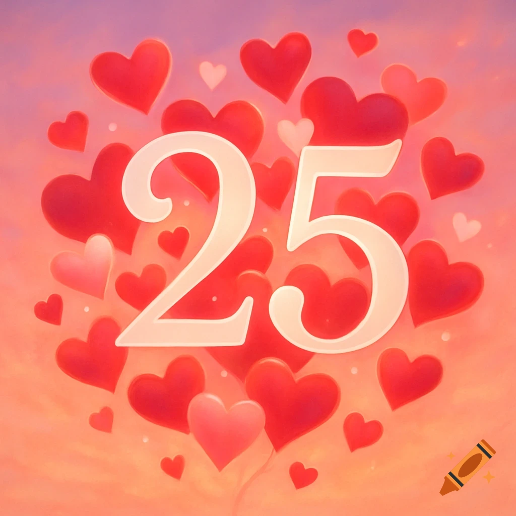 The number 25 surrounded by numerous red and pink hearts on a soft gradient background.