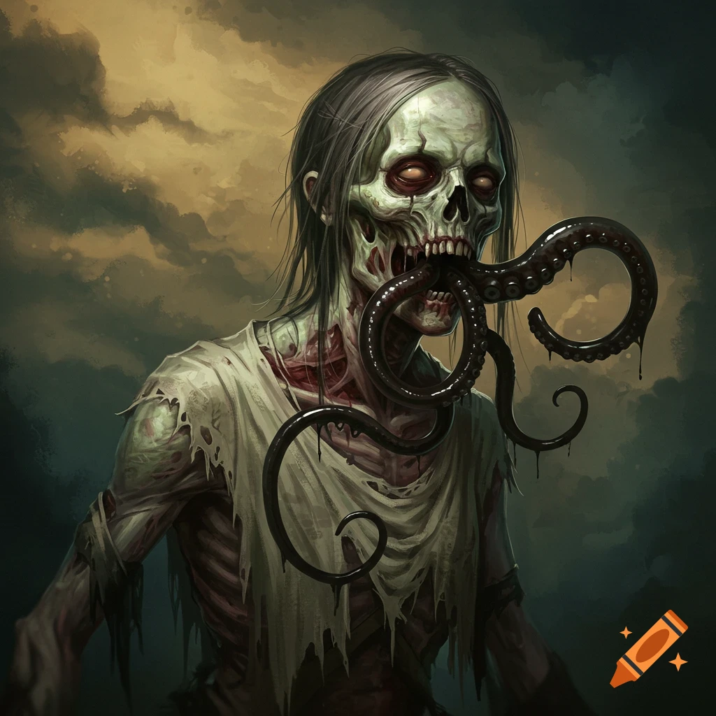 Oil painting of an emaciated zombie with a dark tentacle emerging from its mouth, set against a cloudy sky.