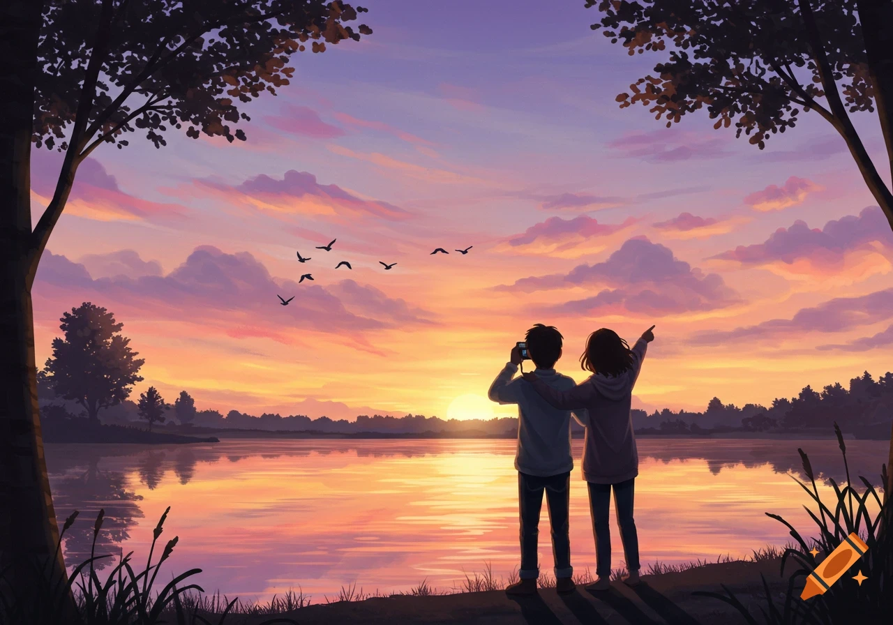 An anime-style illustration of a couple watching a vibrant pink and orange sunset over a calm lake, surrounded by trees.