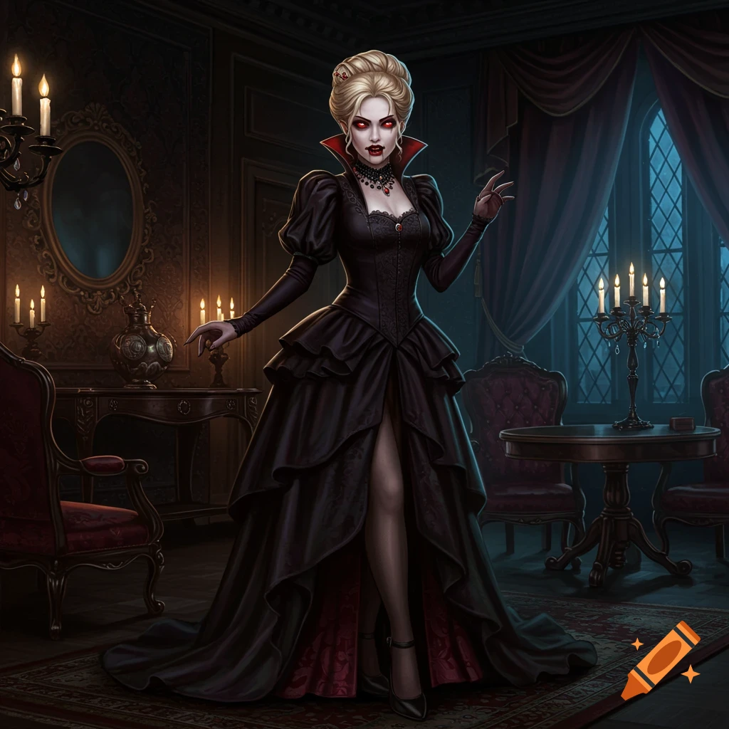 A gothic noblewoman with crimson eyes and blonde hair stands in an ornate, candlelit parlor at night, in a black evening gown.