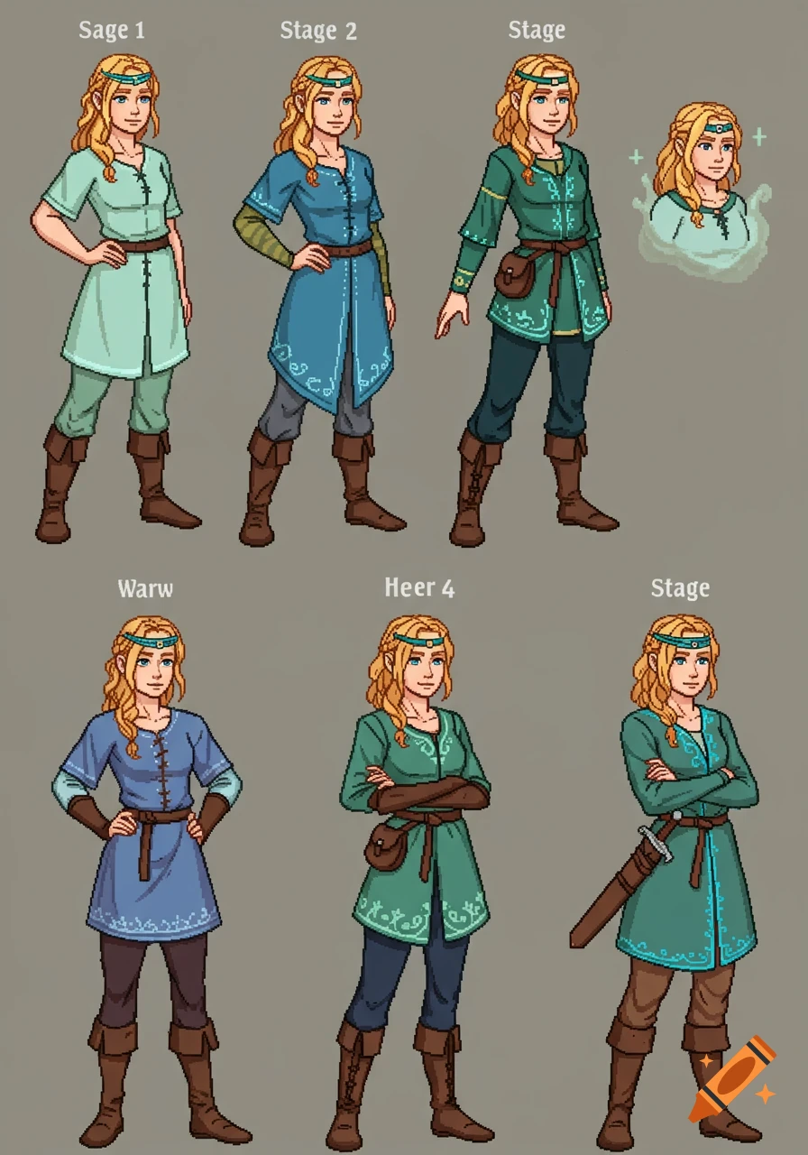 Pixel art character design of a blonde woman in various medieval outfits, showing evolution through different stages.