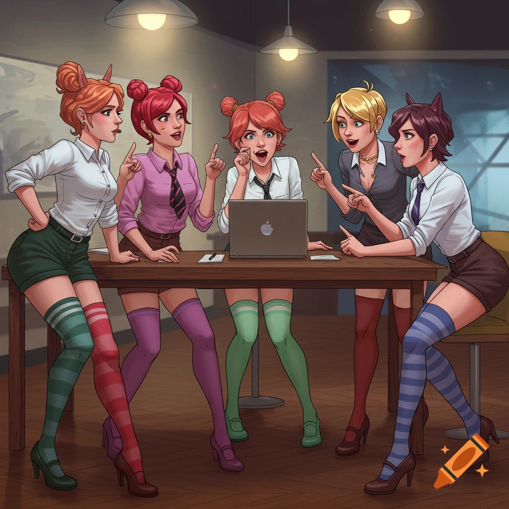 Five anime-style women in an office arguing and pointing fingers around a desk with a laptop. They are wearing shorts and colorful thigh-high socks.