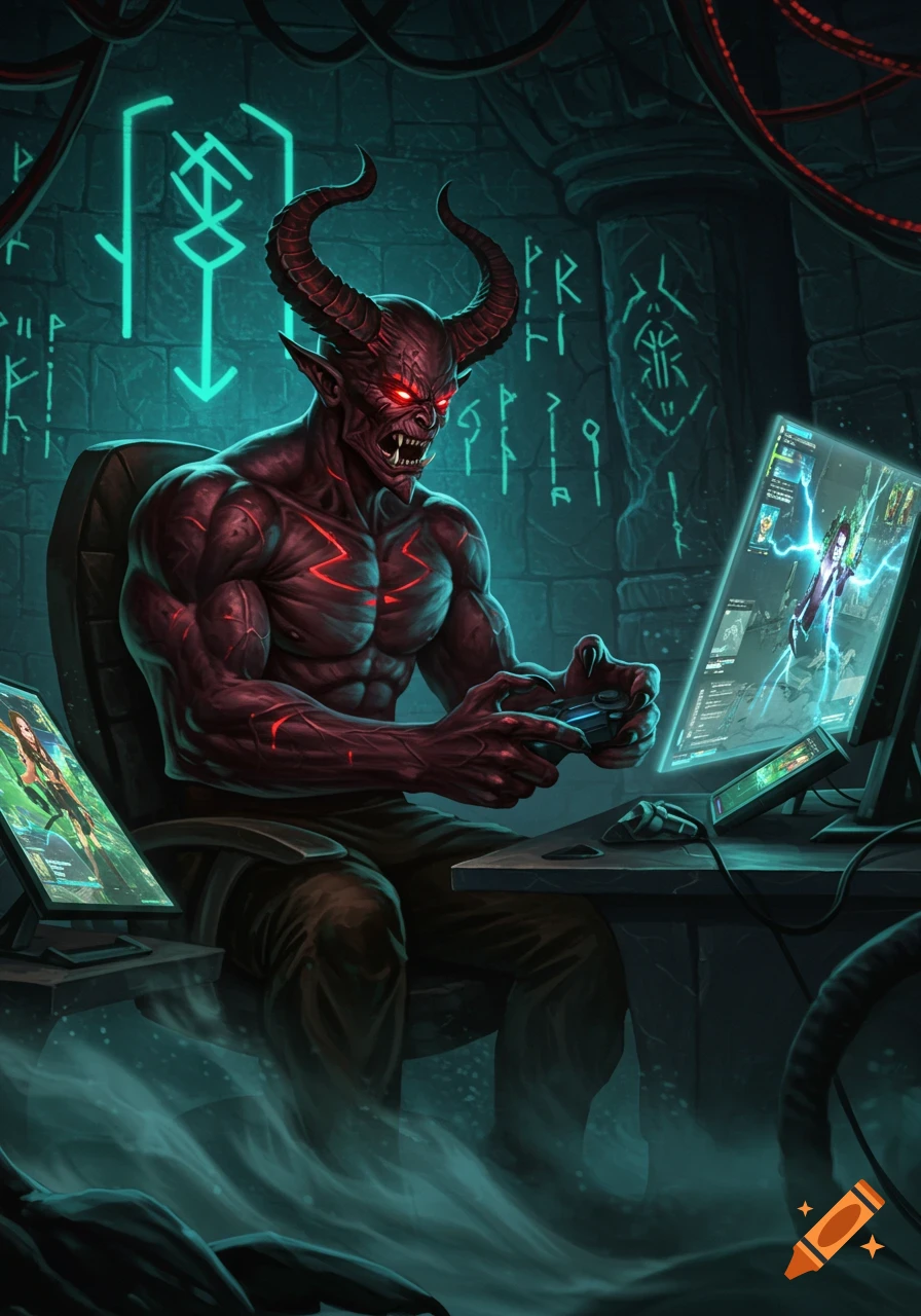 A red-skinned demon with horns and glowing red eyes sits at a desk, playing video games with a controller. Glowing runes adorn the walls of the dark room.