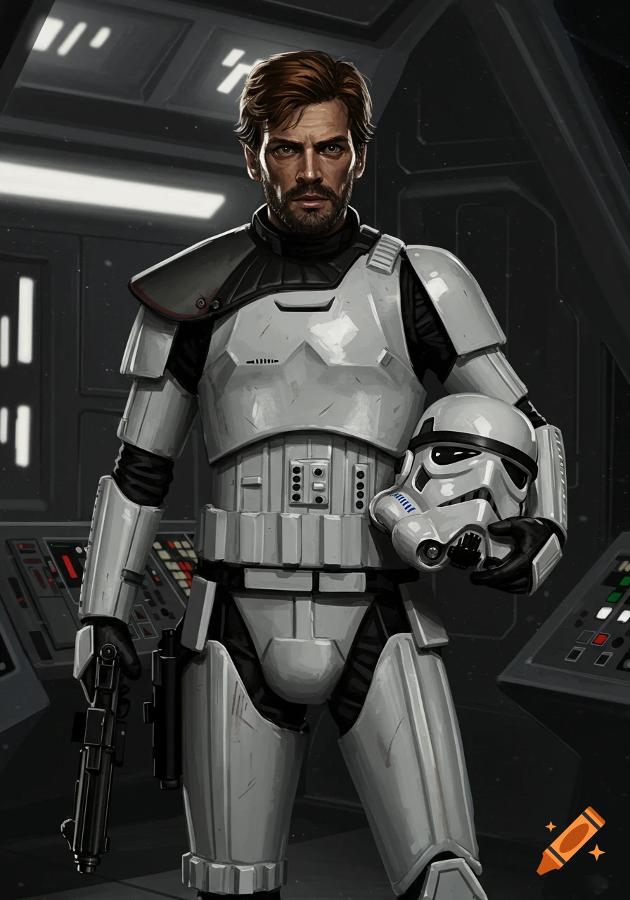 Bearded man in white and black sci-fi armor holds a Stormtrooper helmet and blaster in a spaceship interior. Digital art.