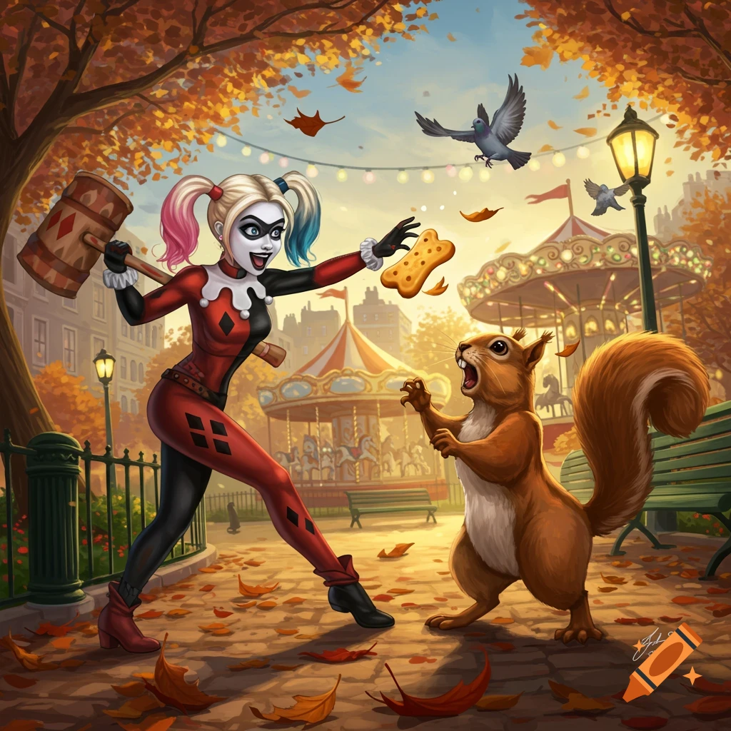 Cartoon Harley Quinn fights an angry squirrel for a biscuit in an autumn park with a carousel.