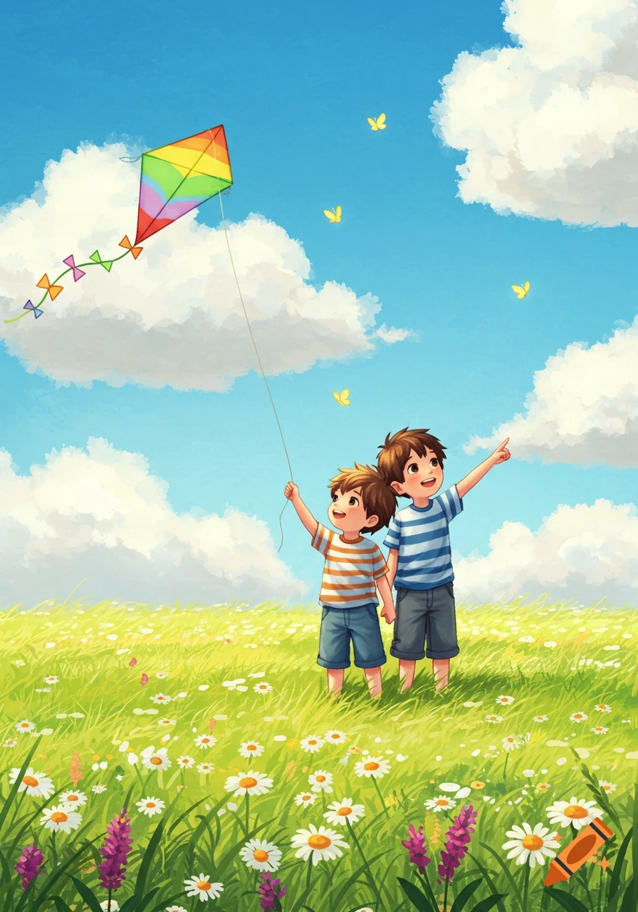 Two young boys flying a colorful kite in a sunny green field with white and purple flowers and yellow butterflies.