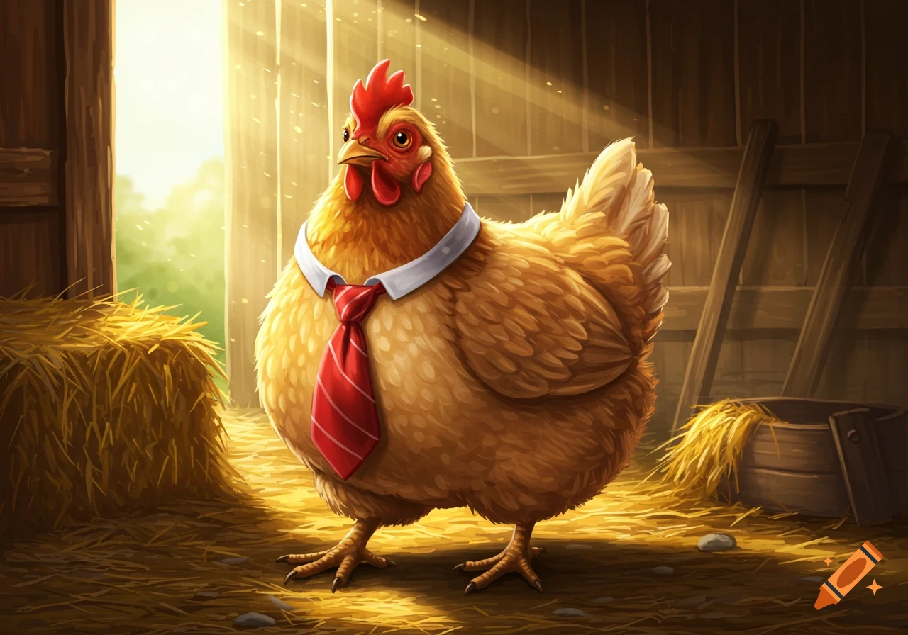 A cartoon chicken wearing a red striped tie stands in a sunlit barn.