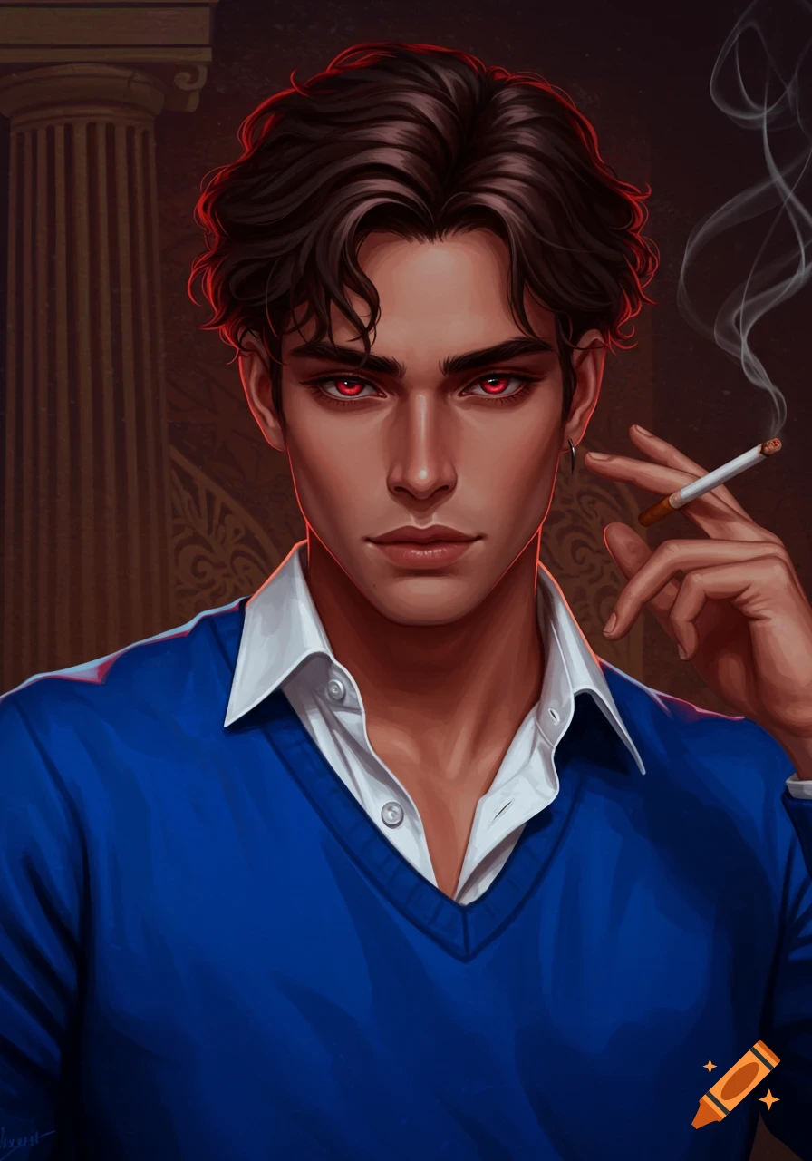 A dark-haired man with glowing red eyes, wearing a blue sweater over a white shirt, holding a smoking cigarette. He has a serious expression.