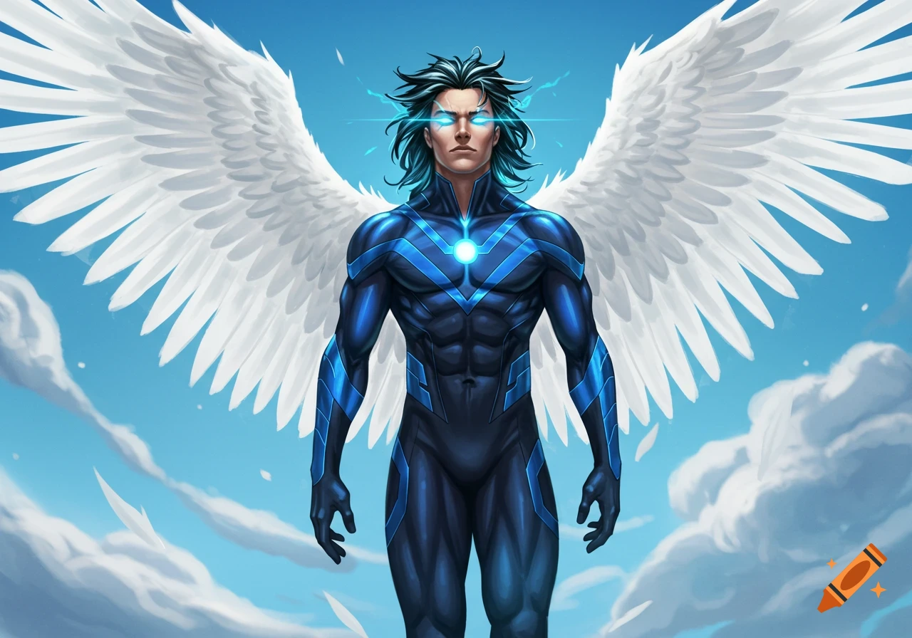 A powerful male superhero with glowing blue eyes, a black and blue suit, and large white wings, against a blue sky and clouds in a comic book style.