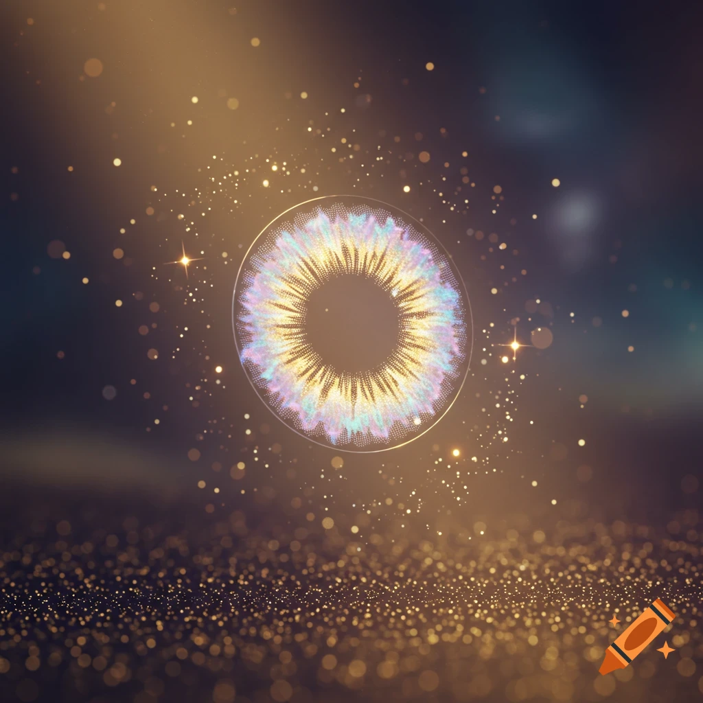 A single, sparkling contact lens, illuminated by golden light and floating amidst glittering particles.
