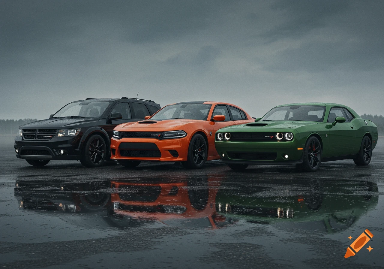 Three Dodge cars (black Journey, orange Charger Hellcat, green Challenger) parked side-by-side on a wet road on a rainy day.
