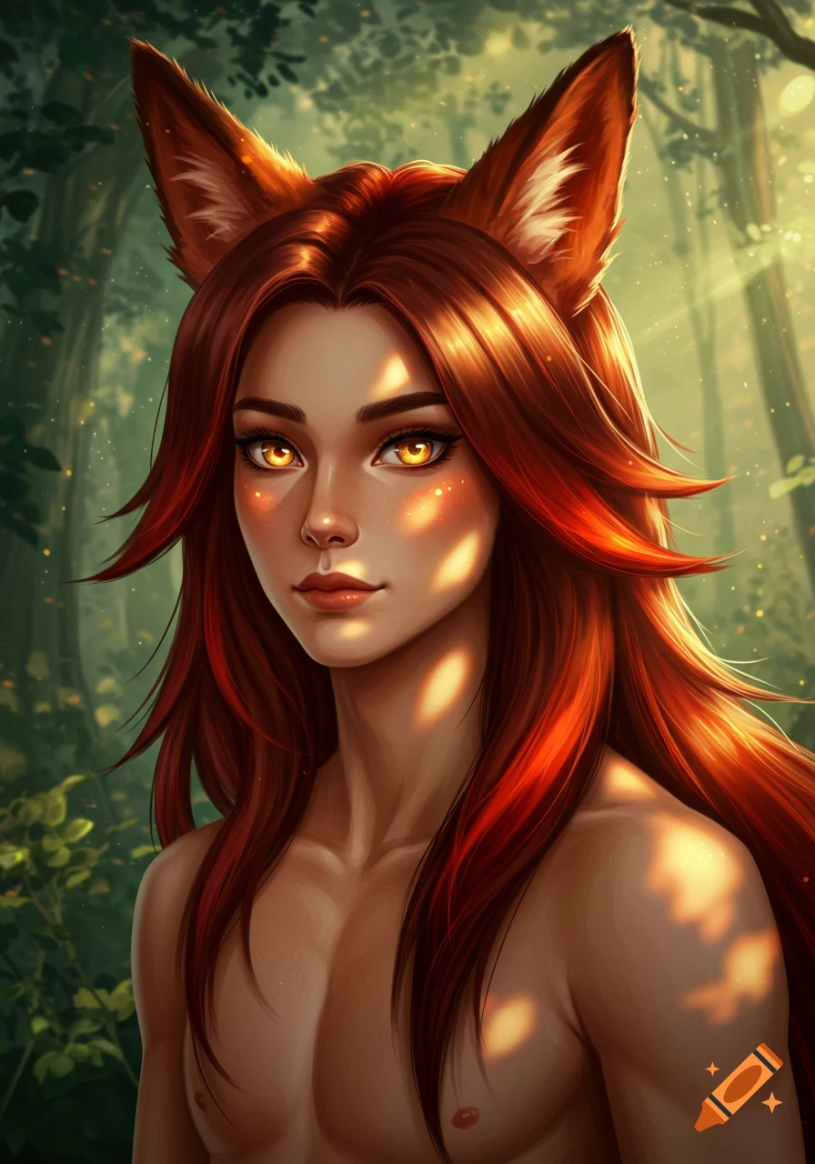 Androgynous figure with fox ears, long red hair, and glowing golden eyes in a sunlit fantasy forest.
