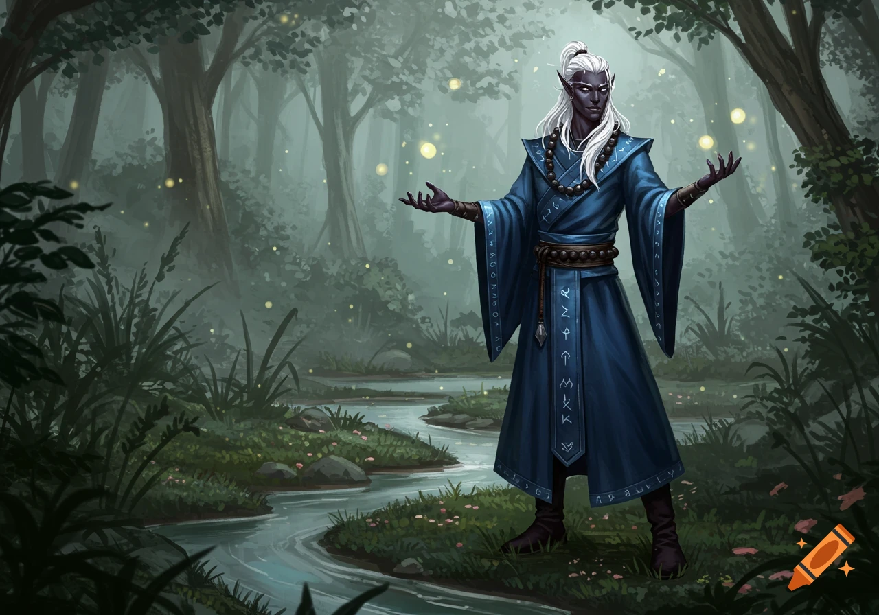A dark elf character in a blue robe with white hair stands in a misty forest, surrounded by glowing fireflies.