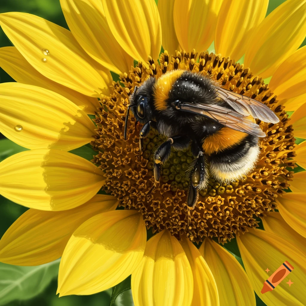 A photorealistic close-up of a bumblebee with pollen on its body, perched on the vibrant yellow center of a sunflower.