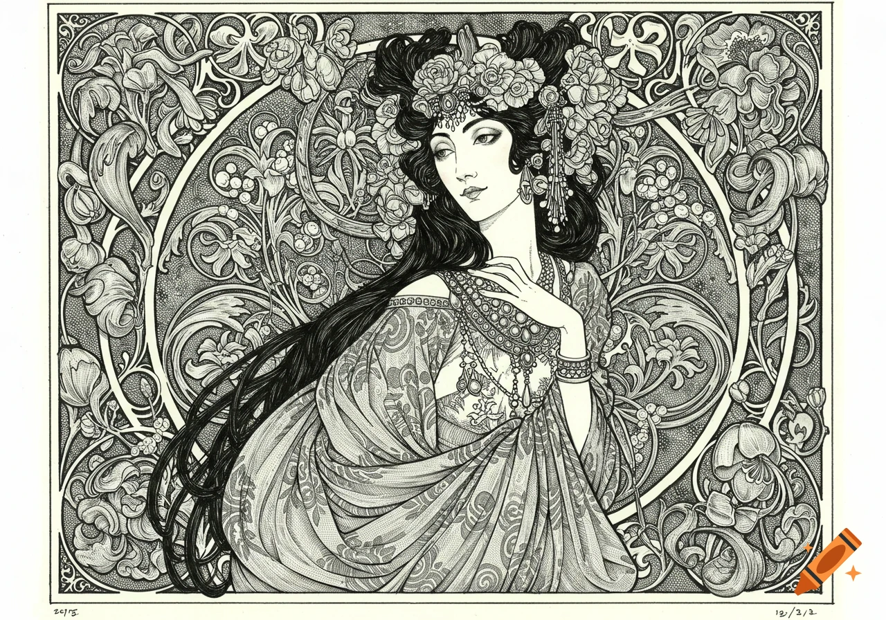 Black and white Art Nouveau illustration of a woman with long dark hair, floral headdress, and intricate patterns.