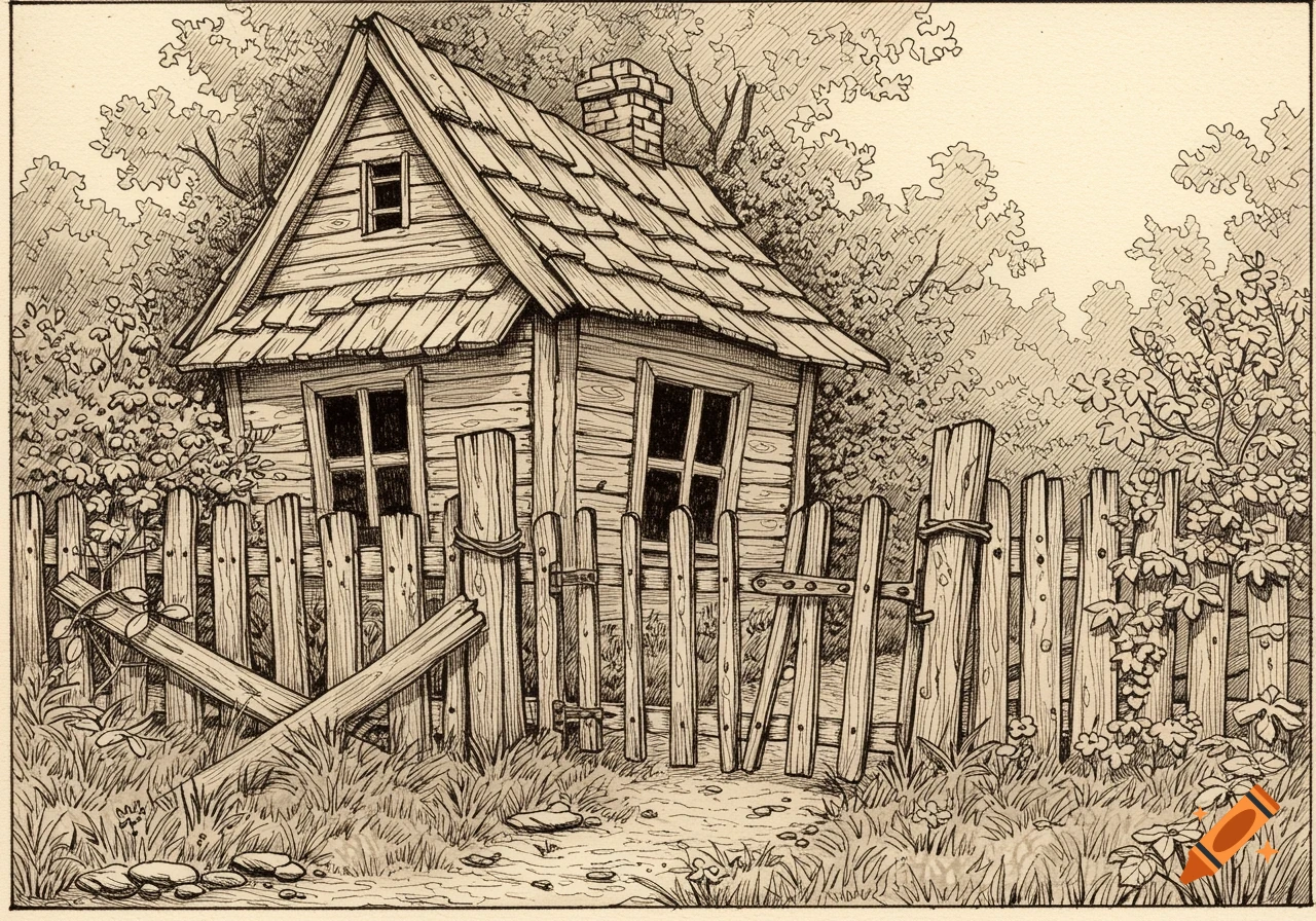 A rustic line drawing of a ramshackle wooden cottage with a broken-down fence and gate, surrounded by trees.
