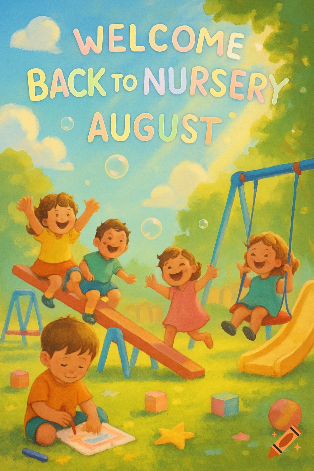 Happy children play in a sunny playground with 'Welcome Back to Nursery August' text above, in a child-like illustration style.