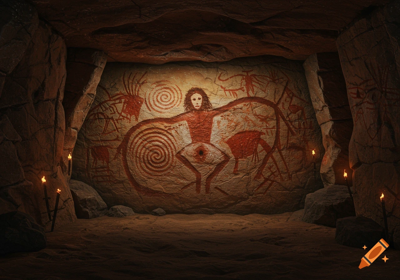 Red ancient cave painting on a rock wall inside a dark cave, lit by torches, depicting a stylized figure and spirals.