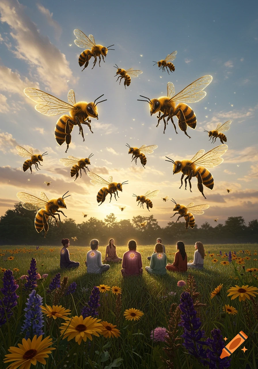 Large bees fly above a group of people meditating in a field of colorful wildflowers at sunset.