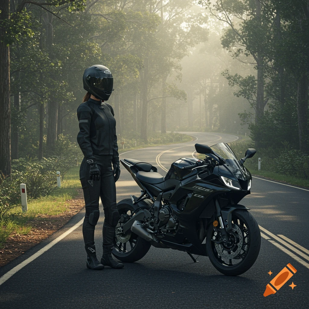 A person in full black motorcycle gear stands beside a black Yamaha R7 motorbike on a winding road through a misty, forested landscape.