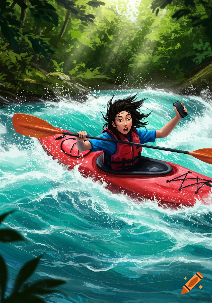 A surprised person in a red kayak holds a paddle and phone while navigating turbulent green river rapids, surrounded by lush forest, in a bright illustration.