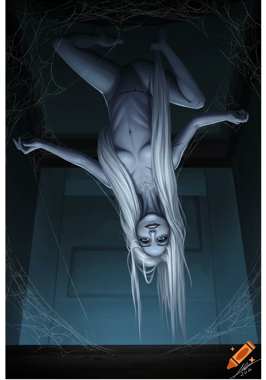 A gaunt, pale woman with long white hair hangs upside down from a web-filled ceiling, smiling slyly in a dark room.