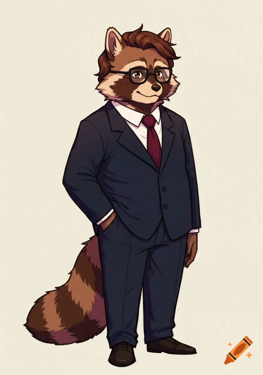 A friendly anthropomorphic raccoon character wearing a dark navy suit, white shirt, and burgundy tie stands with one hand in his pocket, in a clean cartoon style.