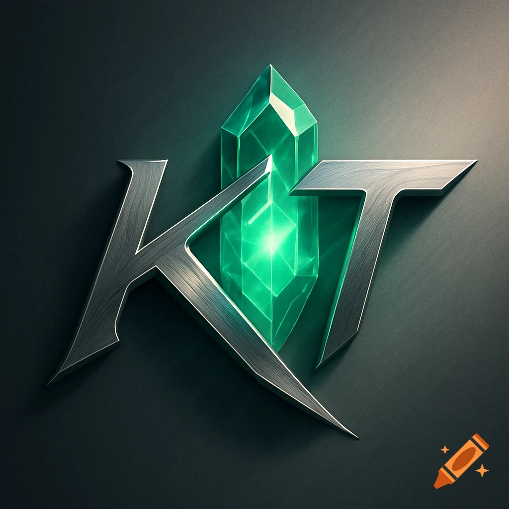 A stylized logo featuring metallic silver letters 'K' and 'T' on either side of a glowing emerald green crystal.