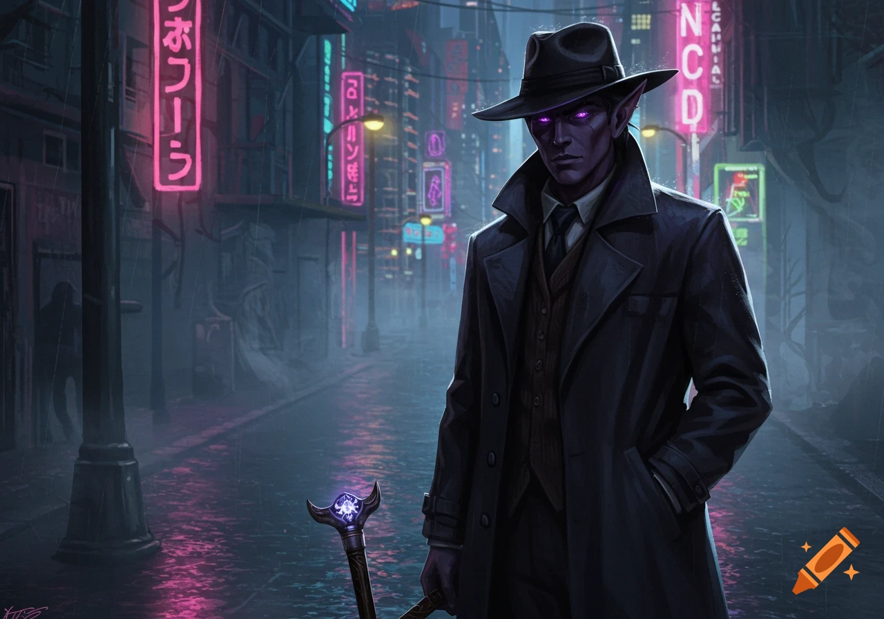 A purple-skinned dark elf in a trench coat and fedora stands on a rainy street with neon signs in a cyberpunk city.
