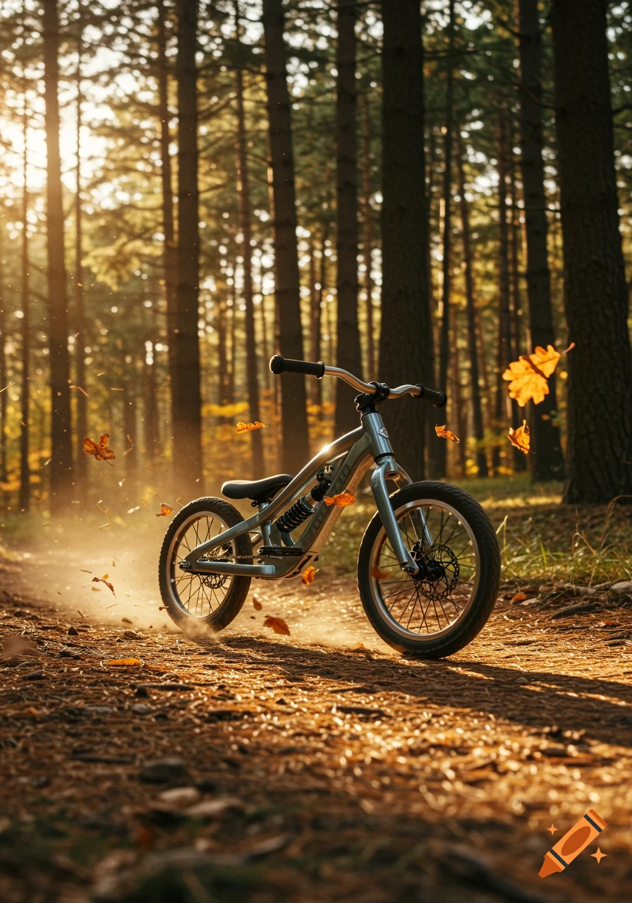 A balance bike on a dirt path in a sunlit forest with autumn leaves falling around it.